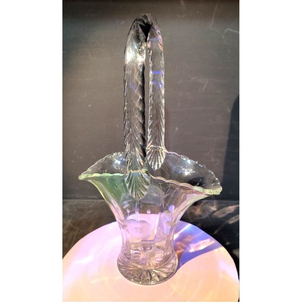 738. Duncan and Miller Floral Etched Crystal Brides Basket. UV Reactive